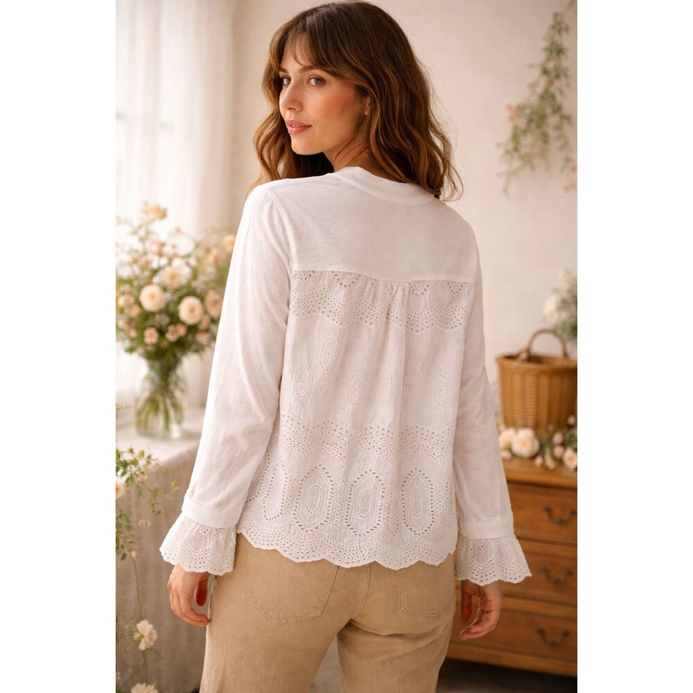 Clu Eyelet Back and Cuff White Top S NWOT